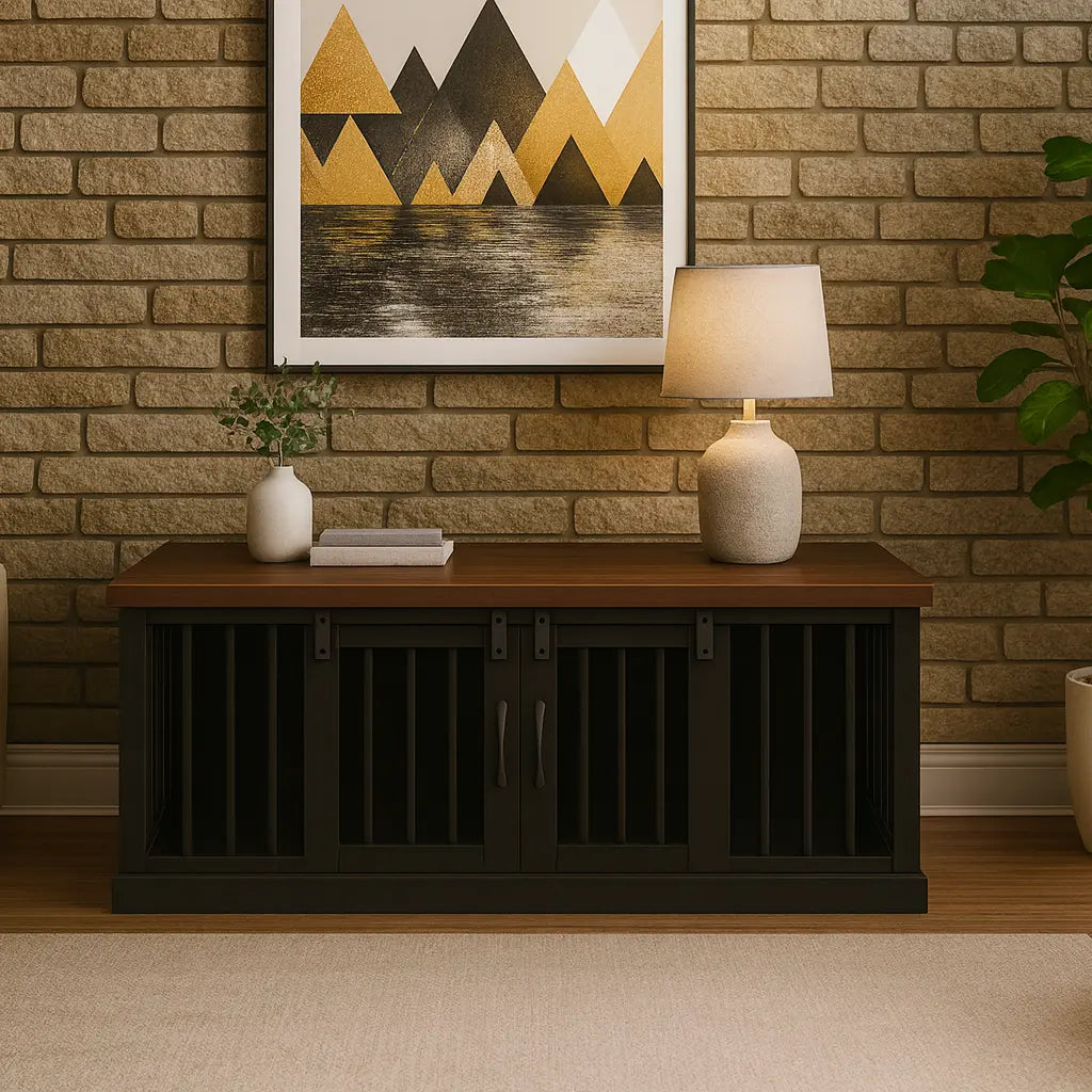 The DUO – Night Sky Barn Door Style Double Wooden Dog Crate With Bars Paws and Willow