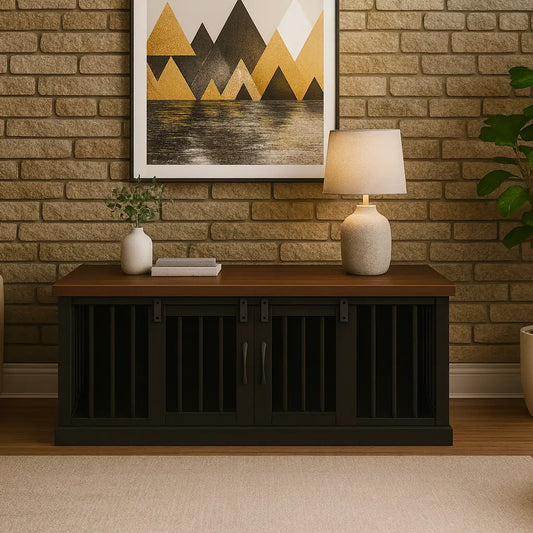 The DUO – Night Sky Barn Door Style Double Wooden Dog Crate With Bars Paws and Willow