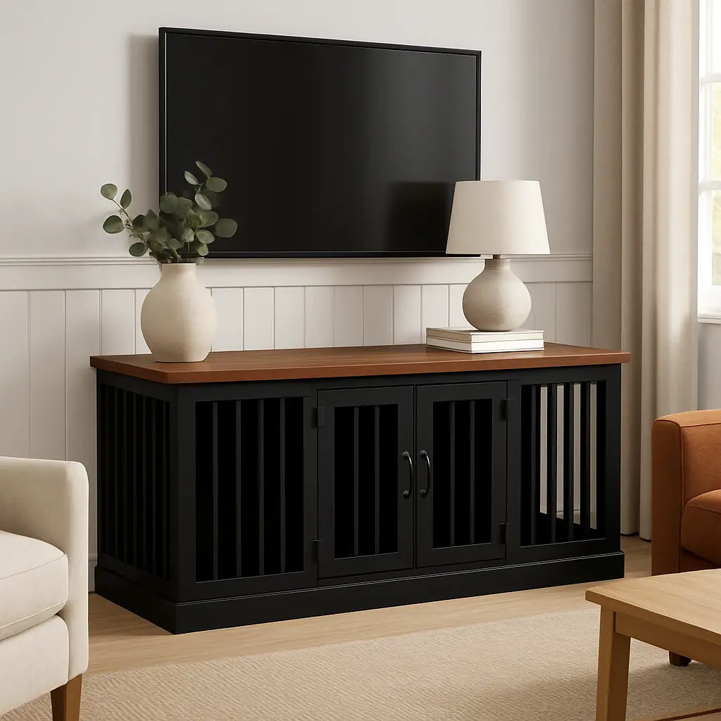 The DUO – Night Sky Hinged Double Wooden Dog Crate With Bars Paws and Willow