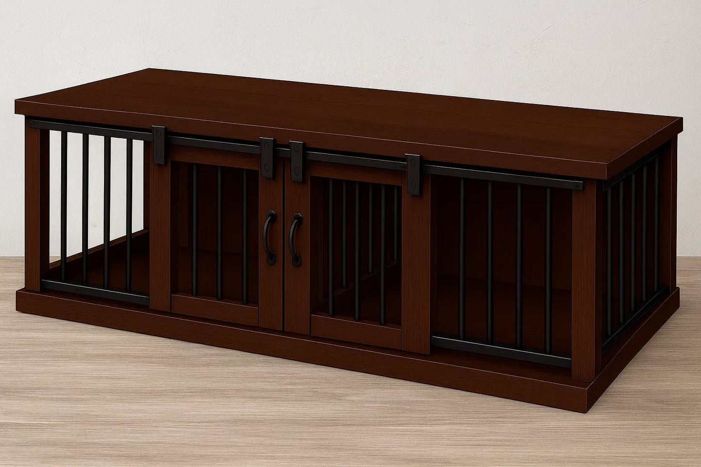 The DUO – Espresso Barn Door Style Double Wooden Dog Crate With Bars Paws and Willow