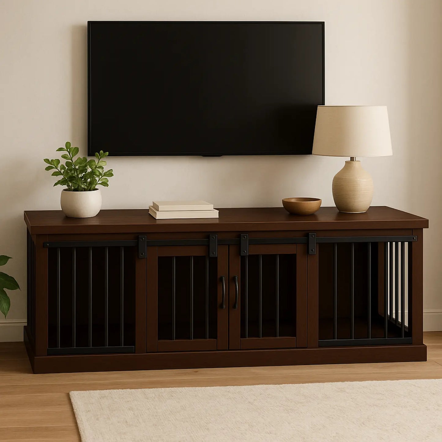 The DUO – Espresso Barn Door Style Double Wooden Dog Crate With Bars Paws and Willow