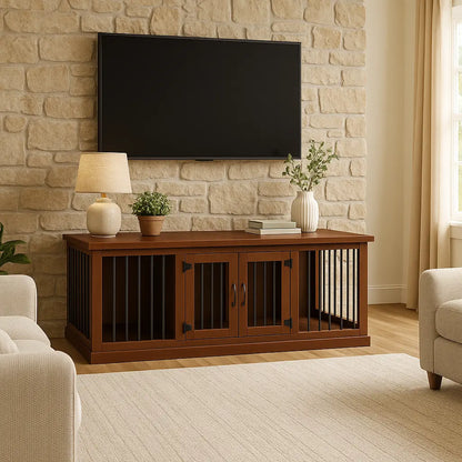 The DUO – Espresso Hinged Double Wooden Dog Crate With Bars Paws and Willow