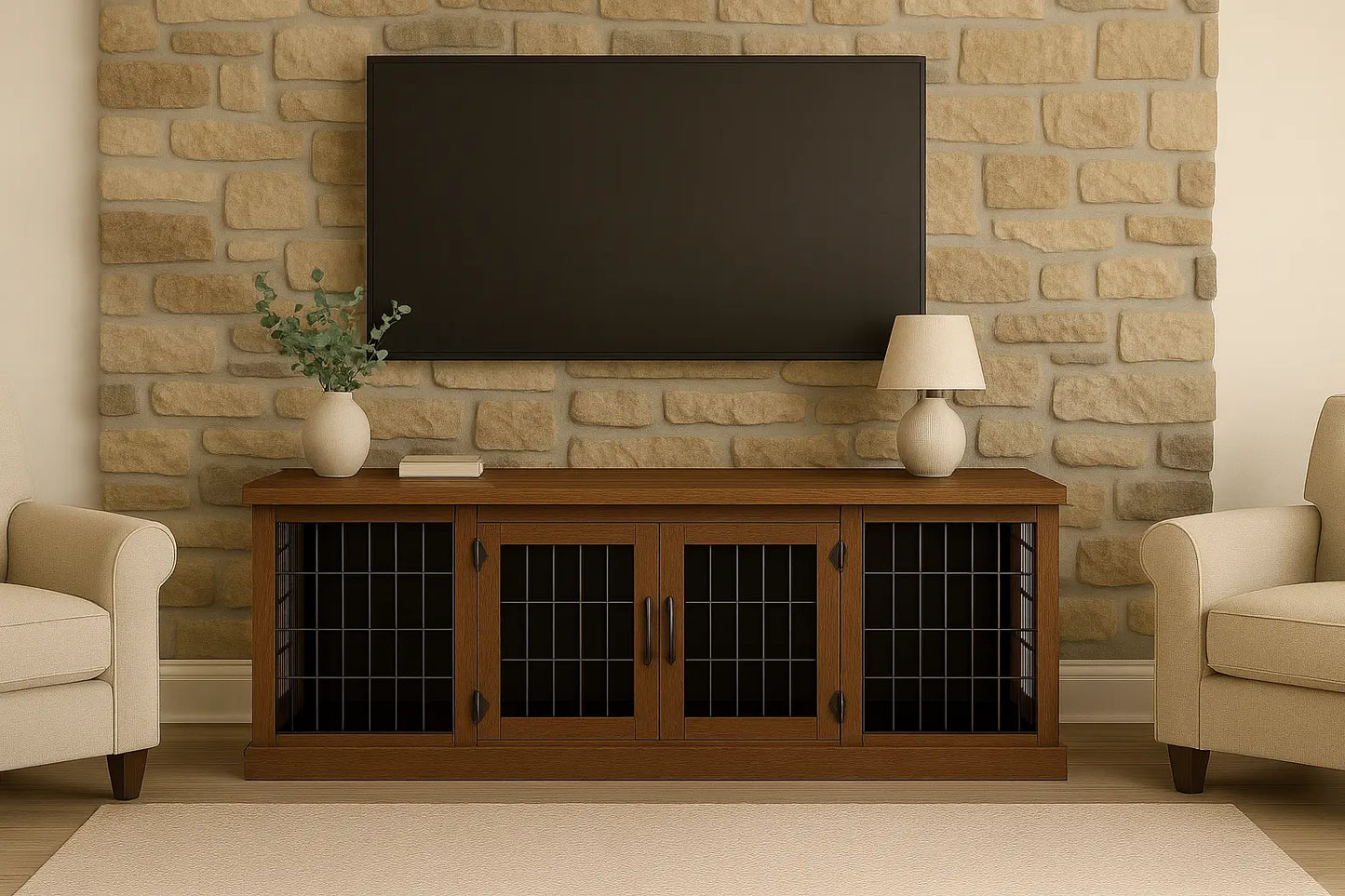 The DUO – Espresso Hinged Style Double Wooden Dog Crate With Mesh Paws and Willow