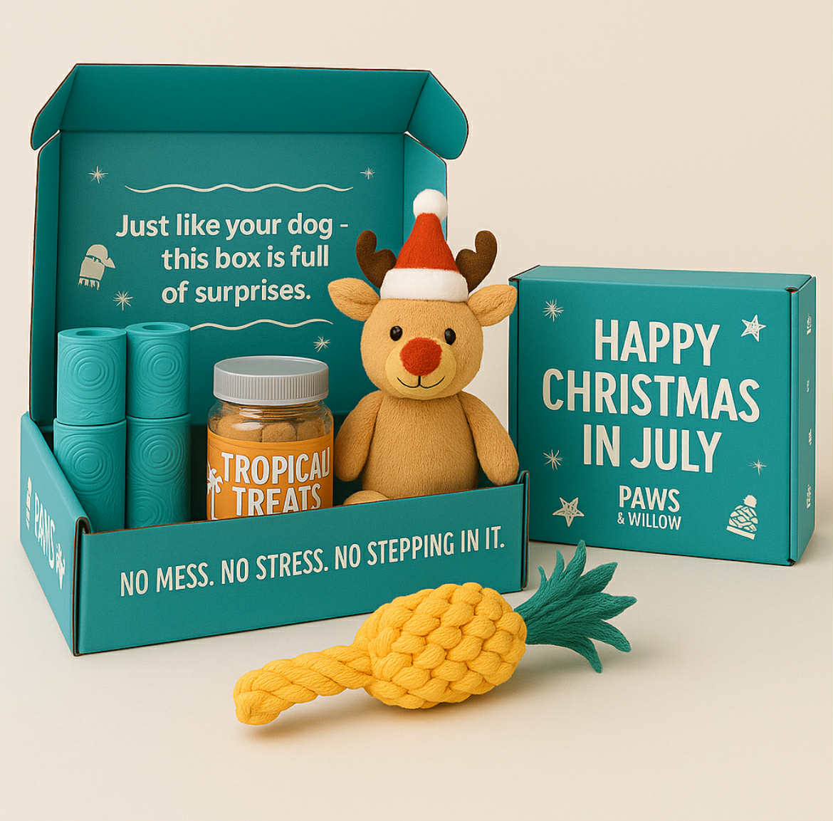 Dog-themed gift box with reindeer toy, tropical treats, and pineapple-shaped chew toy on a beige background.
