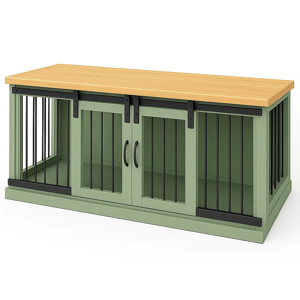 The LOFT – Sage Barn Style Wooden Open Plan Dog Crate With Bars Paws and Willow