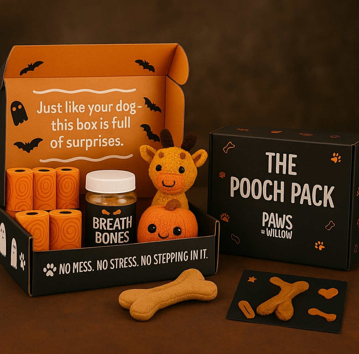 Dog toy and treat package with 'The Pooch Pack' branding on a brown background