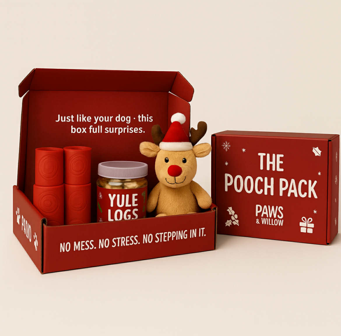 Red gift box with Christmas-themed items including a plush reindeer, 'Yule Logs', and 'Paws & Willow' branding.