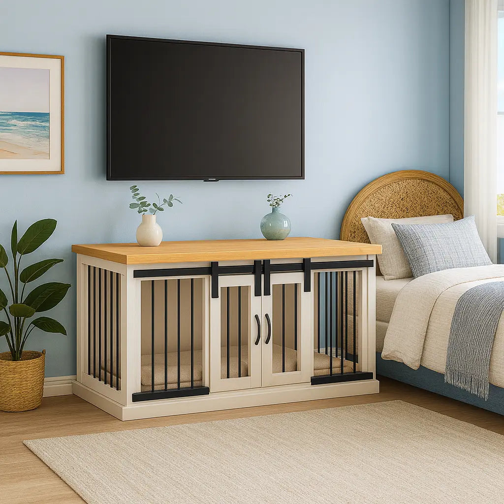 The LOFT – Arctic Barn Style Open Plan Wooden Dog Crate With Bars Paws and Willow