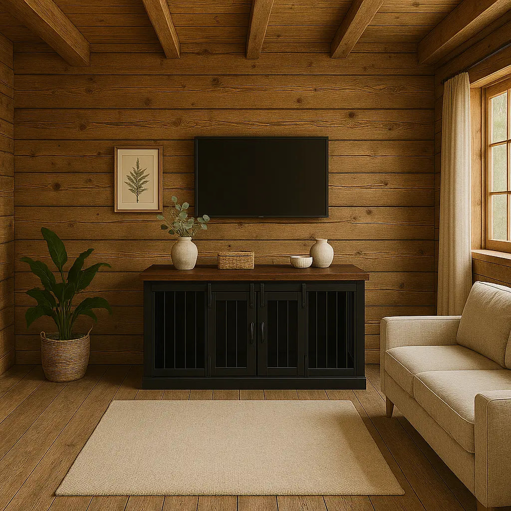 The LOFT – Night Sky Barn Style Wooden Open Plan Dog Crate With Bars Paws and Willow