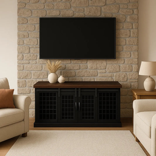Living room with a stone wall, TV, and wooden cabinet.