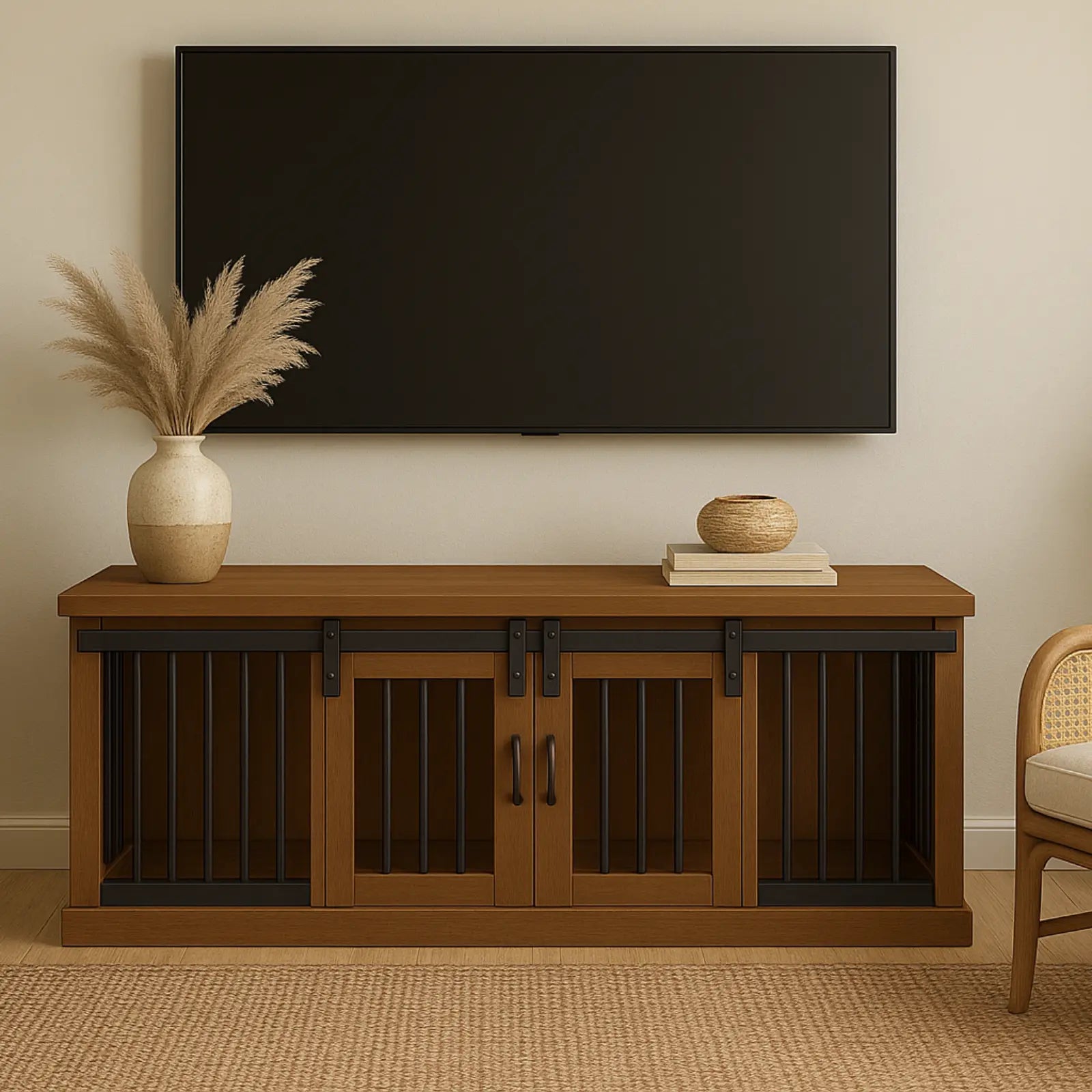 Wooden entertainment console with TV above, sofa to the left, and chair to the right in a living room setting.