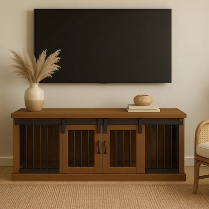Wooden entertainment console with TV above, sofa to the left, and chair to the right in a living room setting.