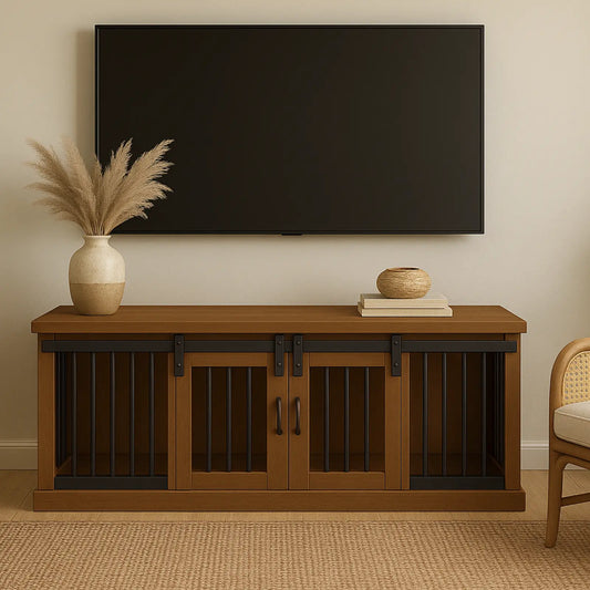 Wooden entertainment console with TV above, sofa to the left, and chair to the right in a living room setting.