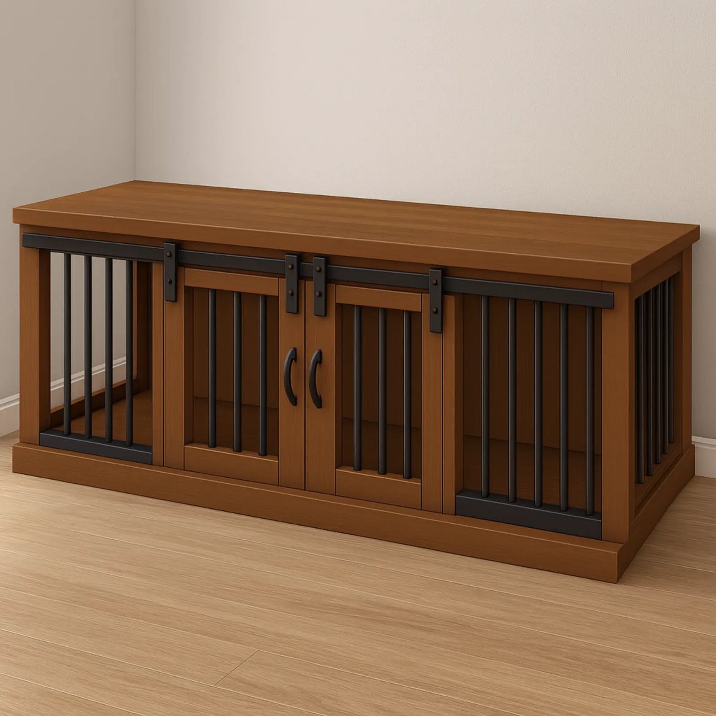 Wooden pet crate with metal bars on a wooden floor.