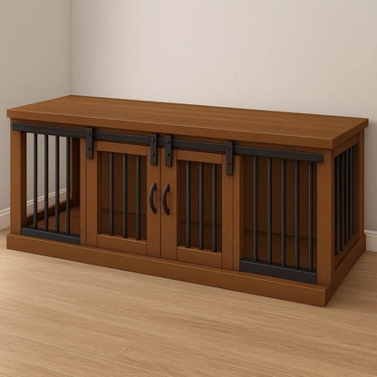 Wooden pet crate with metal bars on a wooden floor.