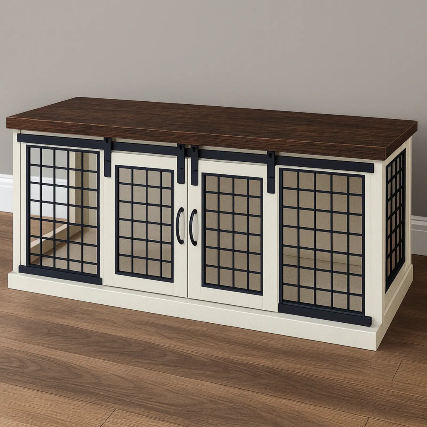 Wooden console table with glass-paneled doors on a wooden floor.