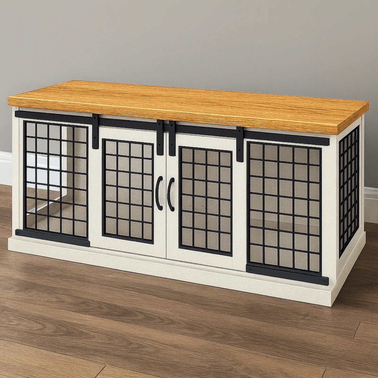 Wooden console table with glass-paneled doors on a wooden floor.