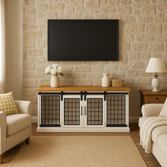Living room with a stone wall, TV, and decorative furniture.