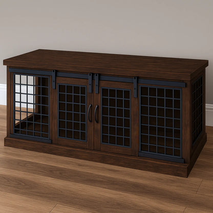 Wooden entertainment console with grid doors on a wooden floor.