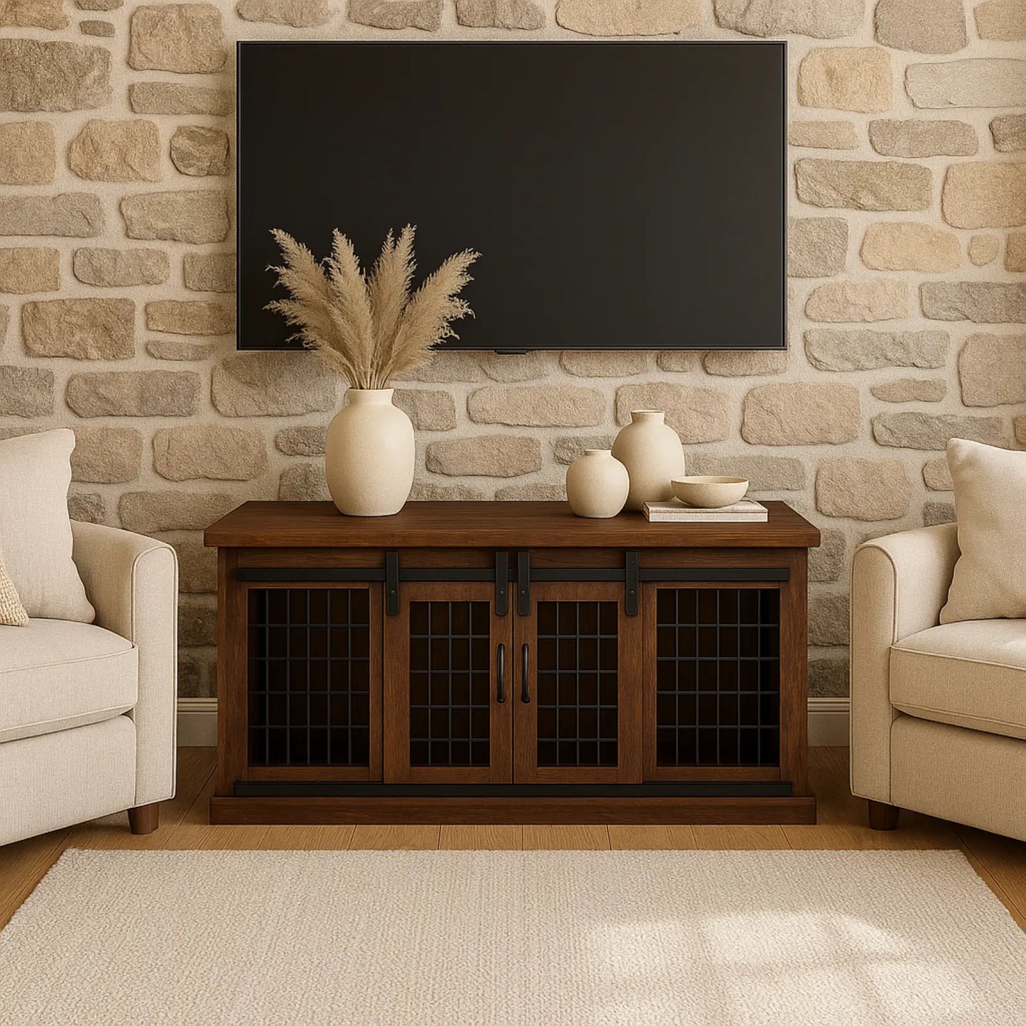 The LOFT – Espresso Barn Style Wooden Open Plan Dog Crate With Mesh Paws and Willow