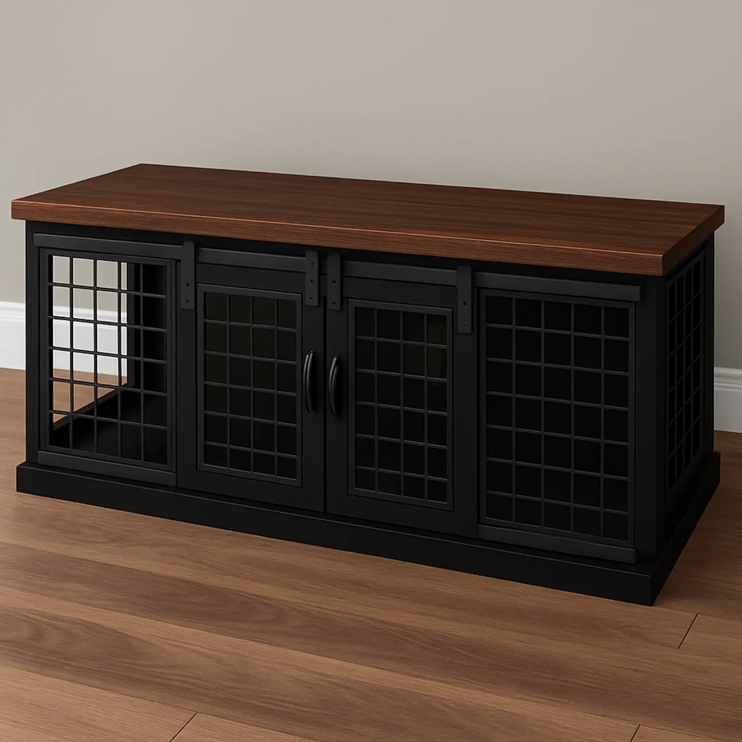Black cabinet with wooden top on a wooden floor