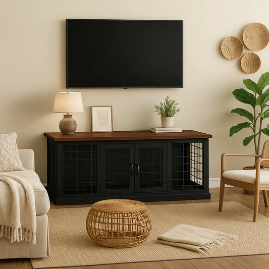 Living room with a black entertainment console, TV, and decorative items.