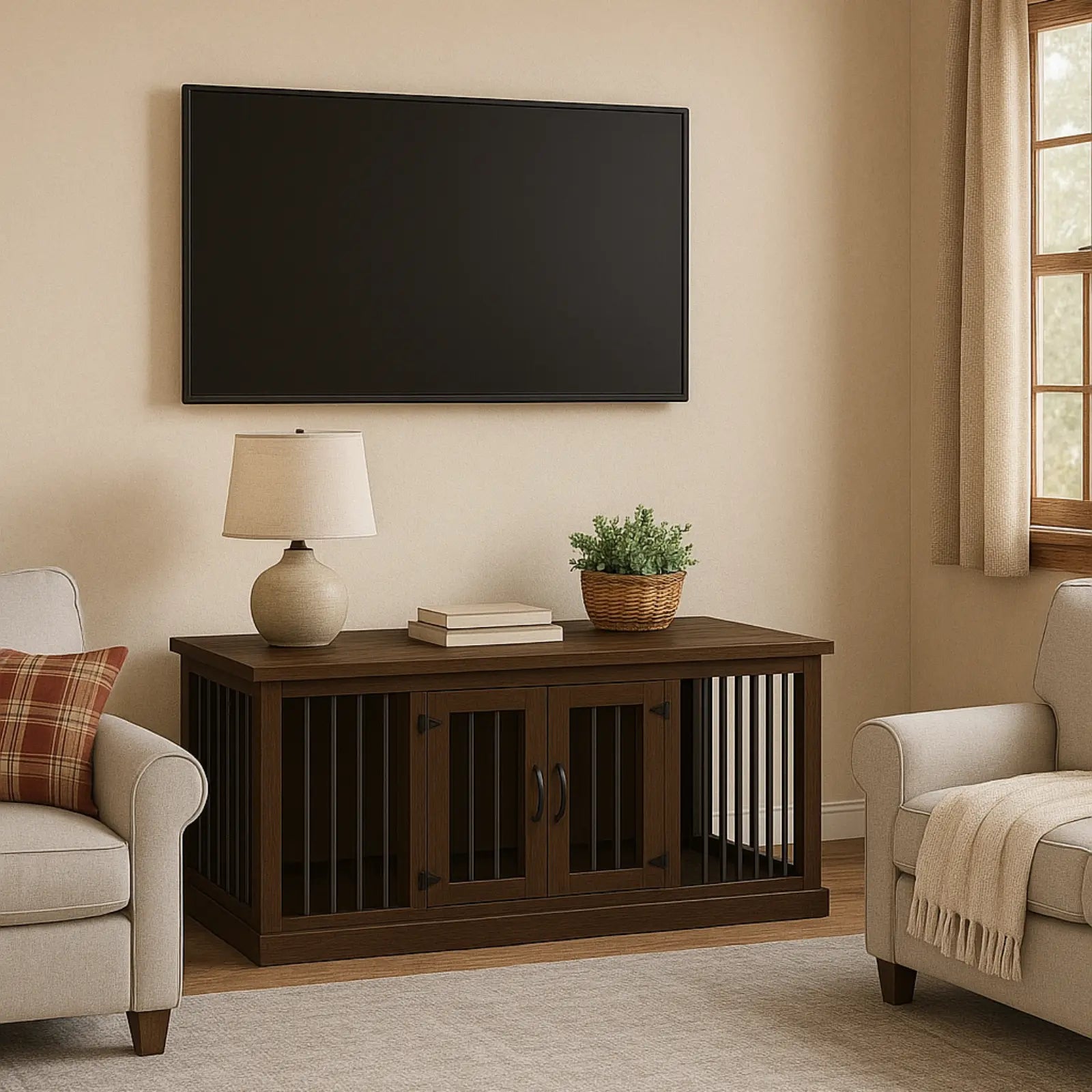 Living room with a wooden cabinet, TV, and decor items.