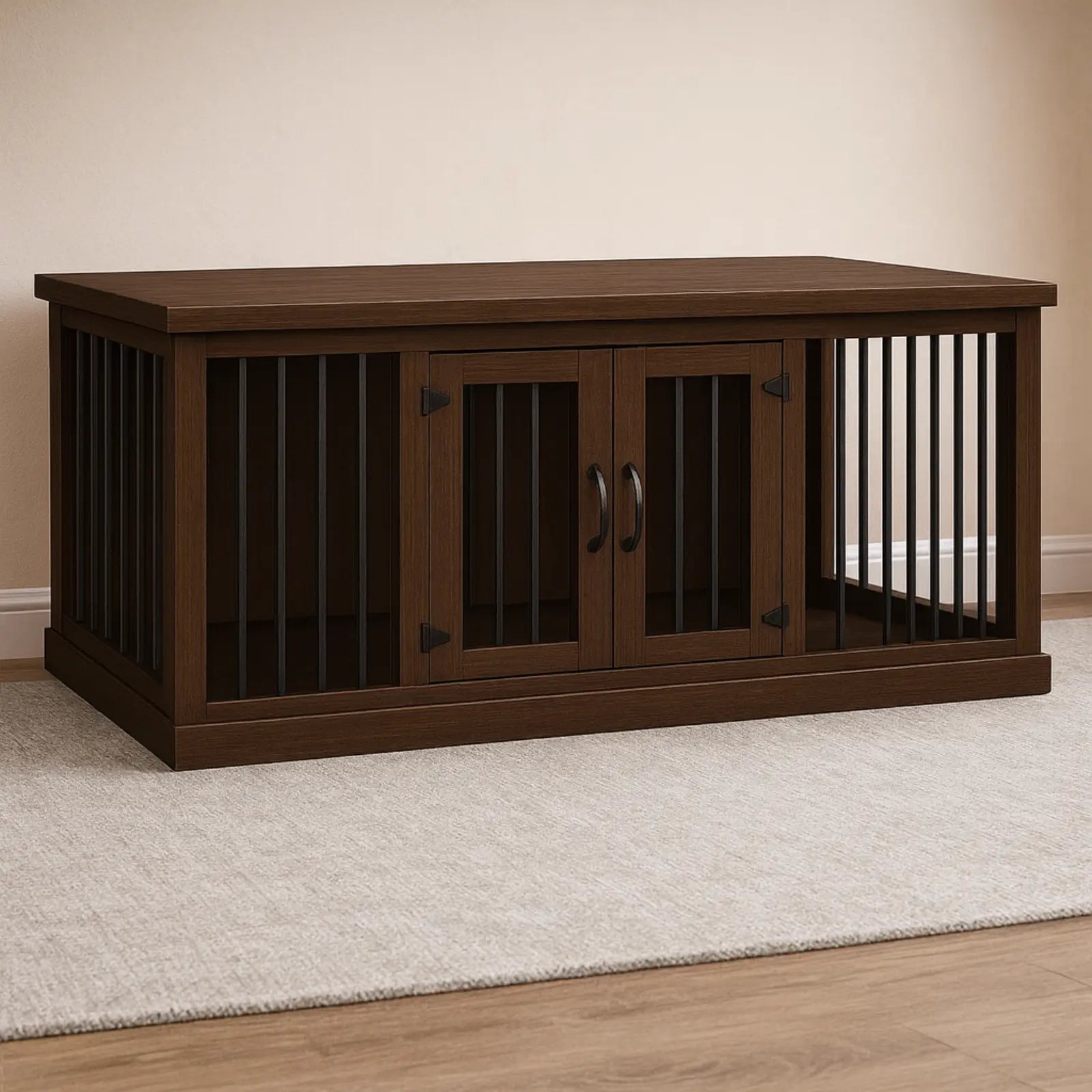Wooden pet crate with metal bars on a beige rug