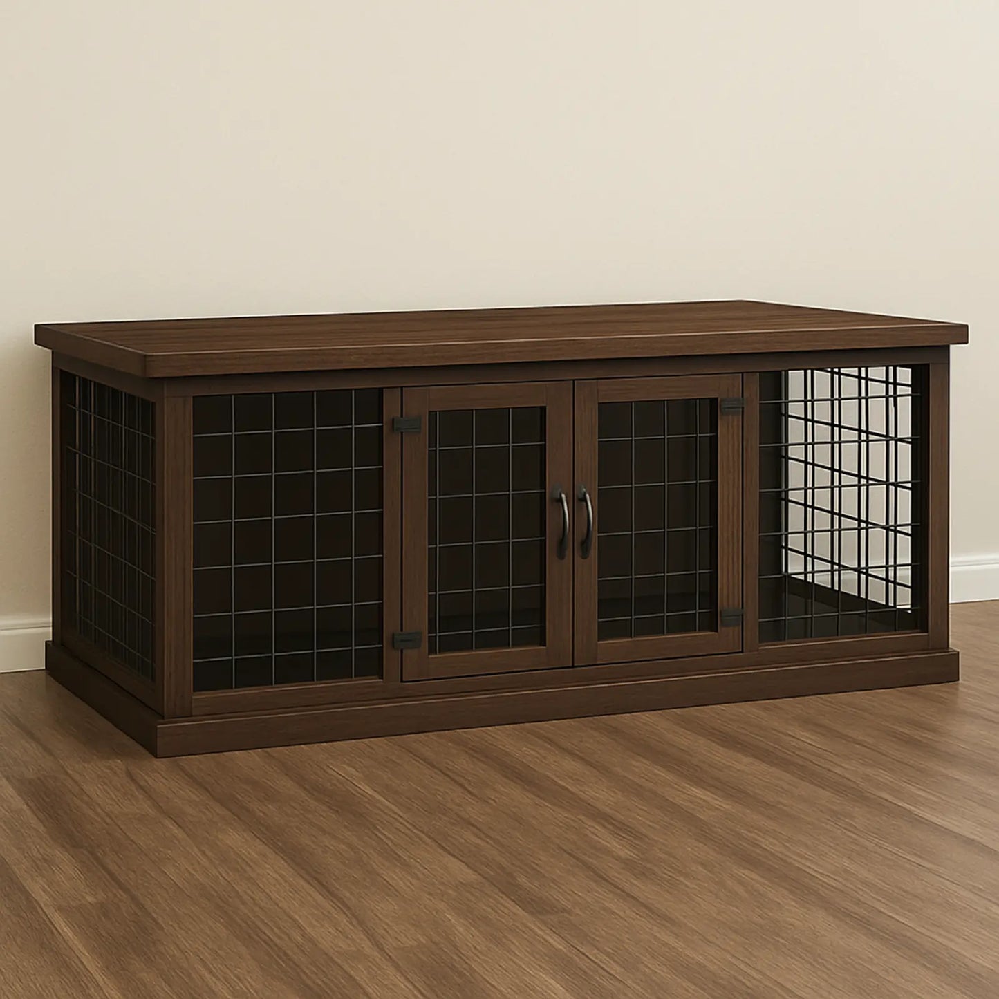 Wooden pet crate with grid design on a wooden floor against a beige wall