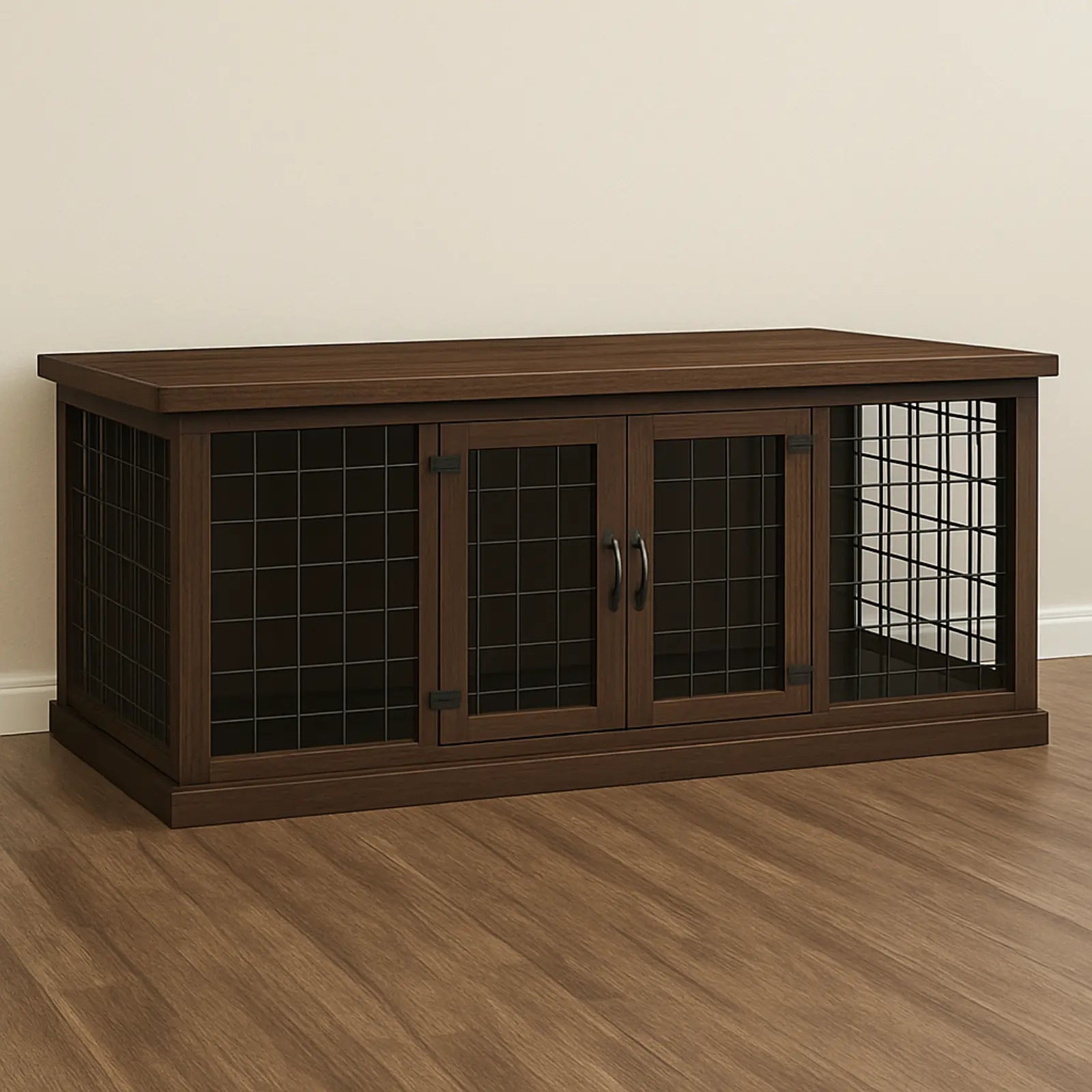 Wooden pet crate with grid design on a wooden floor against a beige wall
