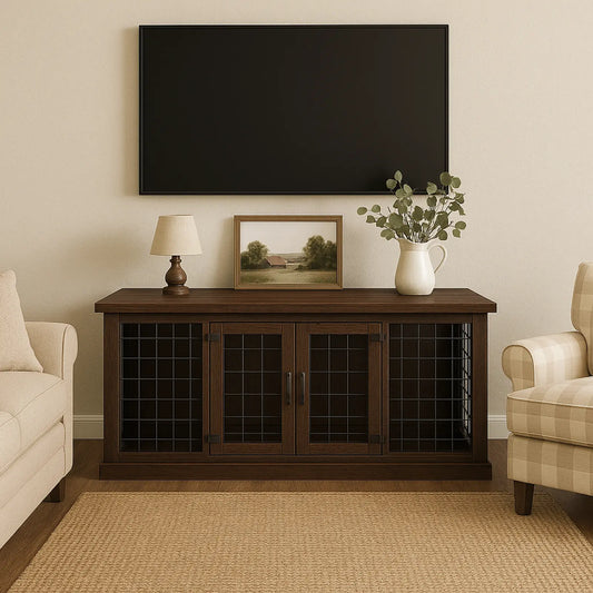 Living room with a dark wood entertainment console, beige sofa, and plaid armchair.