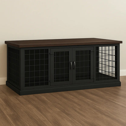 Black pet crate with wooden top on a wooden floor against a beige wall