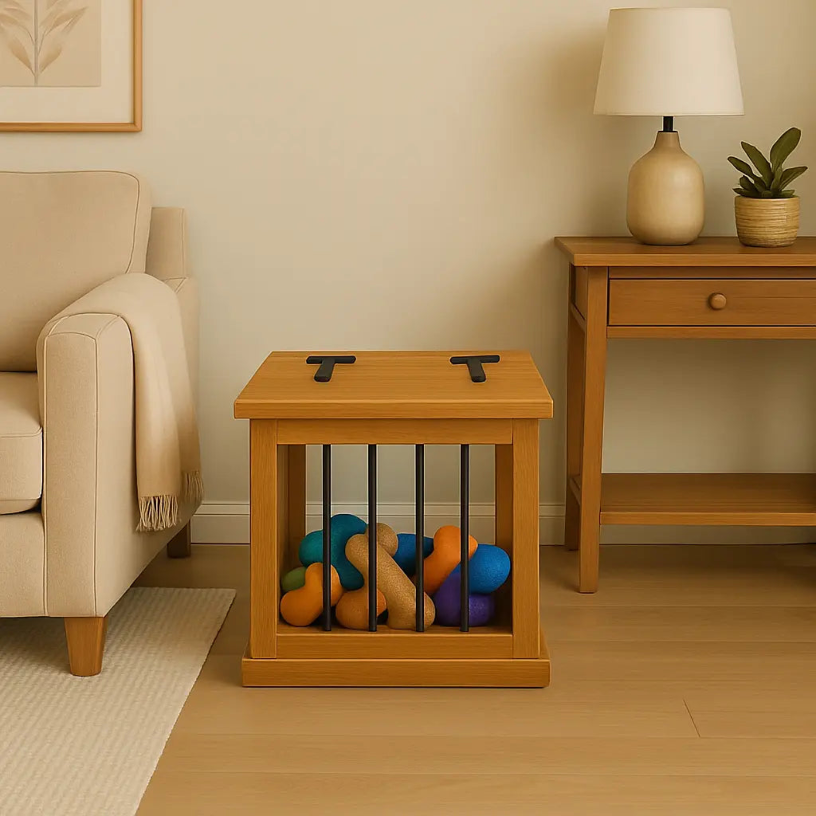 Wooden side table with colorful dog toys in a cage, next to a beige armchair and wooden side table with a lamp and plant.
