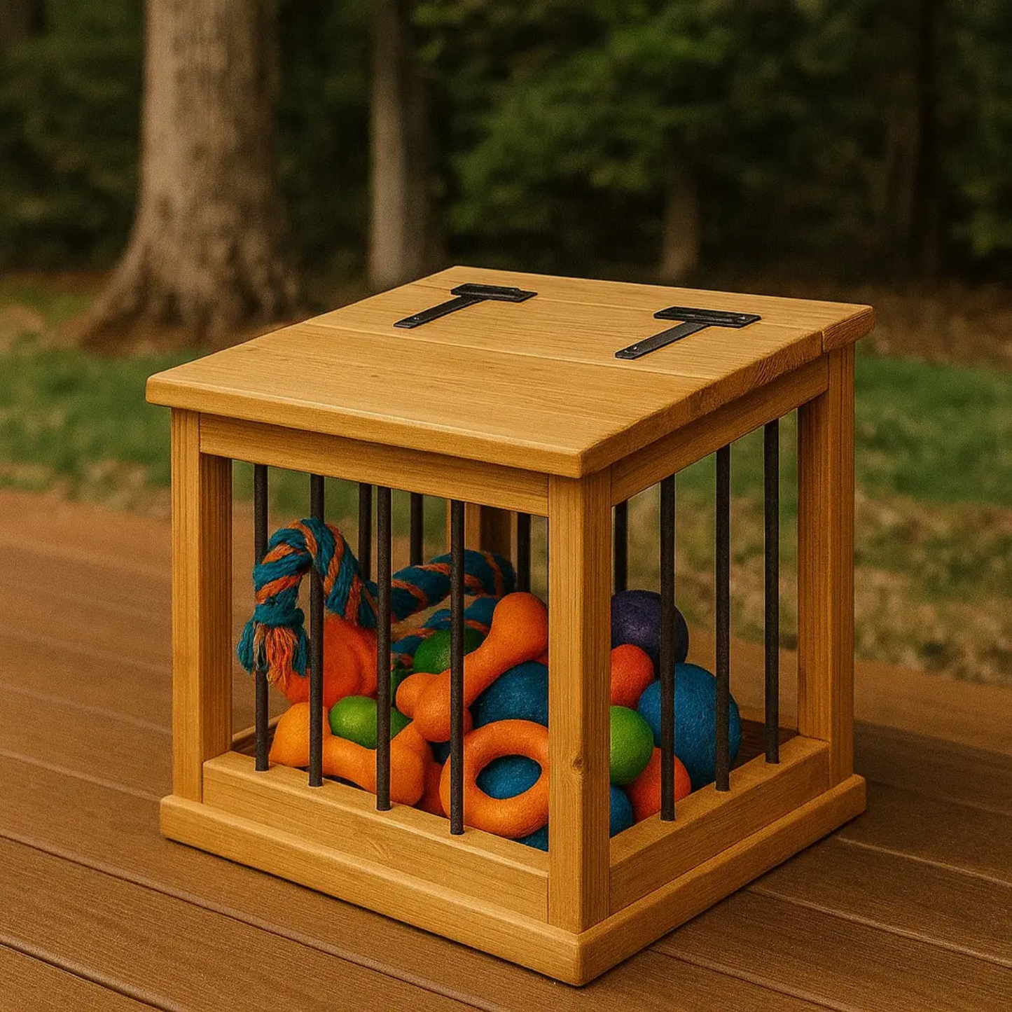 Wooden crate with dog toys inside on a wooden deck