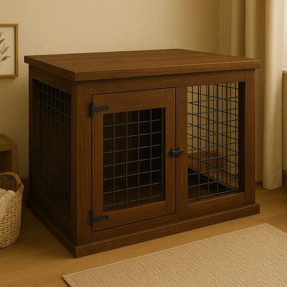 Wooden pet crate with wire doors in a room setting