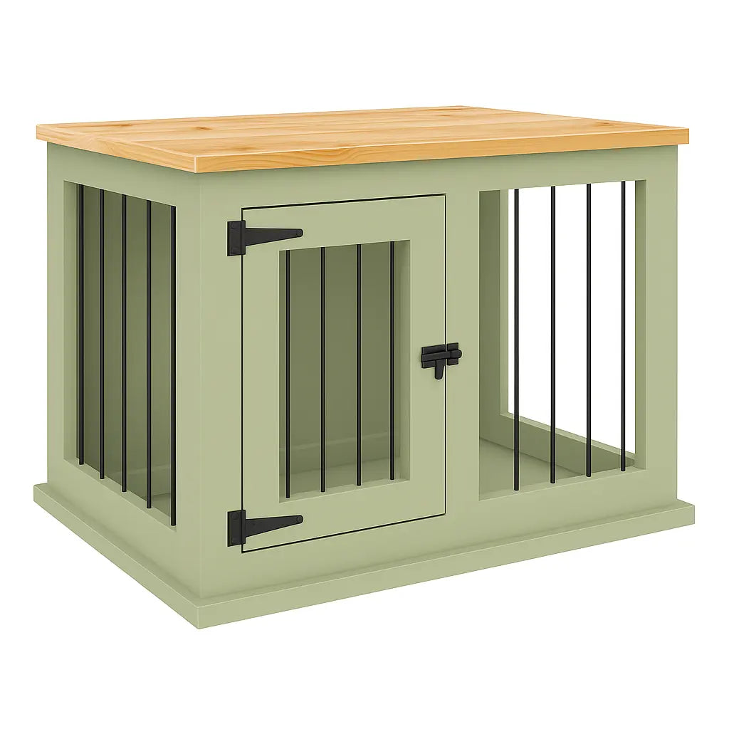 The Studio -Hinged Sage Single Wooden Dog Crate with Bars Paws and Willow