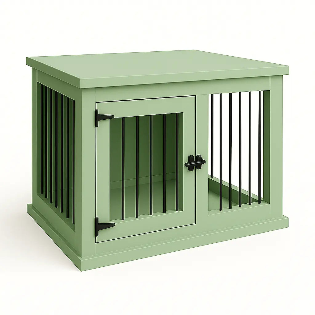 The Studio -Hinged Sage Single Wooden Dog Crate with Bars Paws and Willow