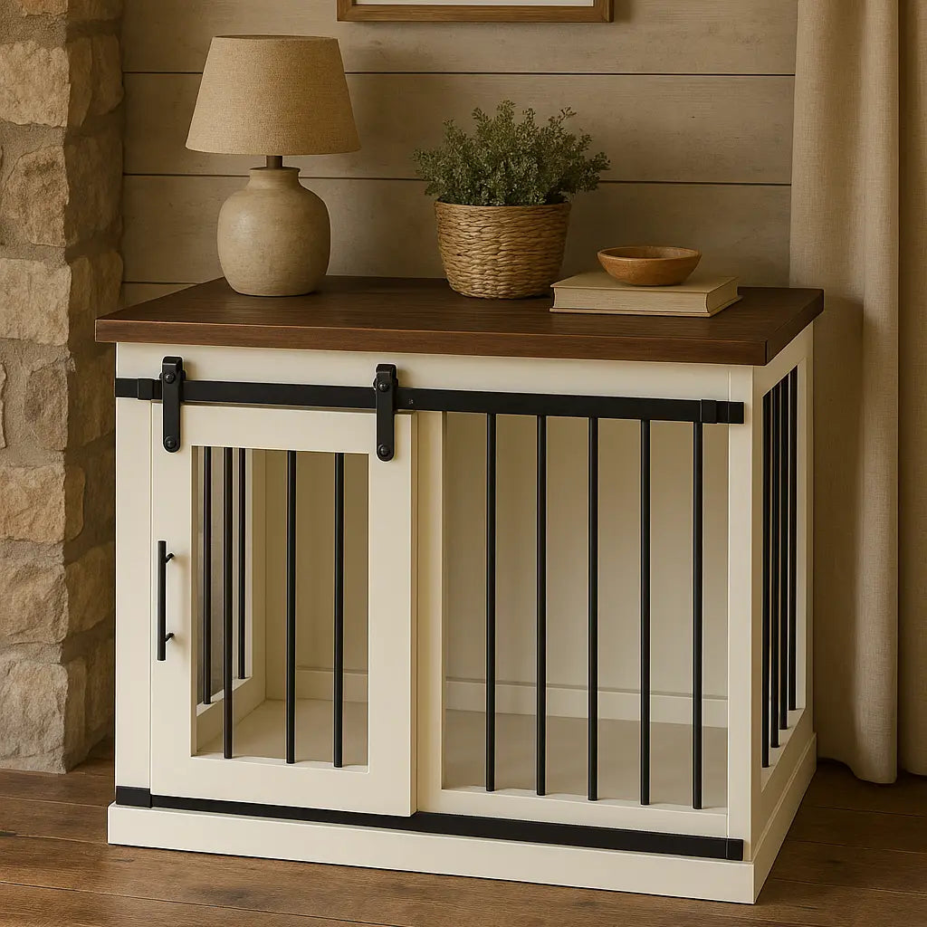 The Studio -Barn Style Arctic Single Wooden Dog Crate with Bars Paws and Willow