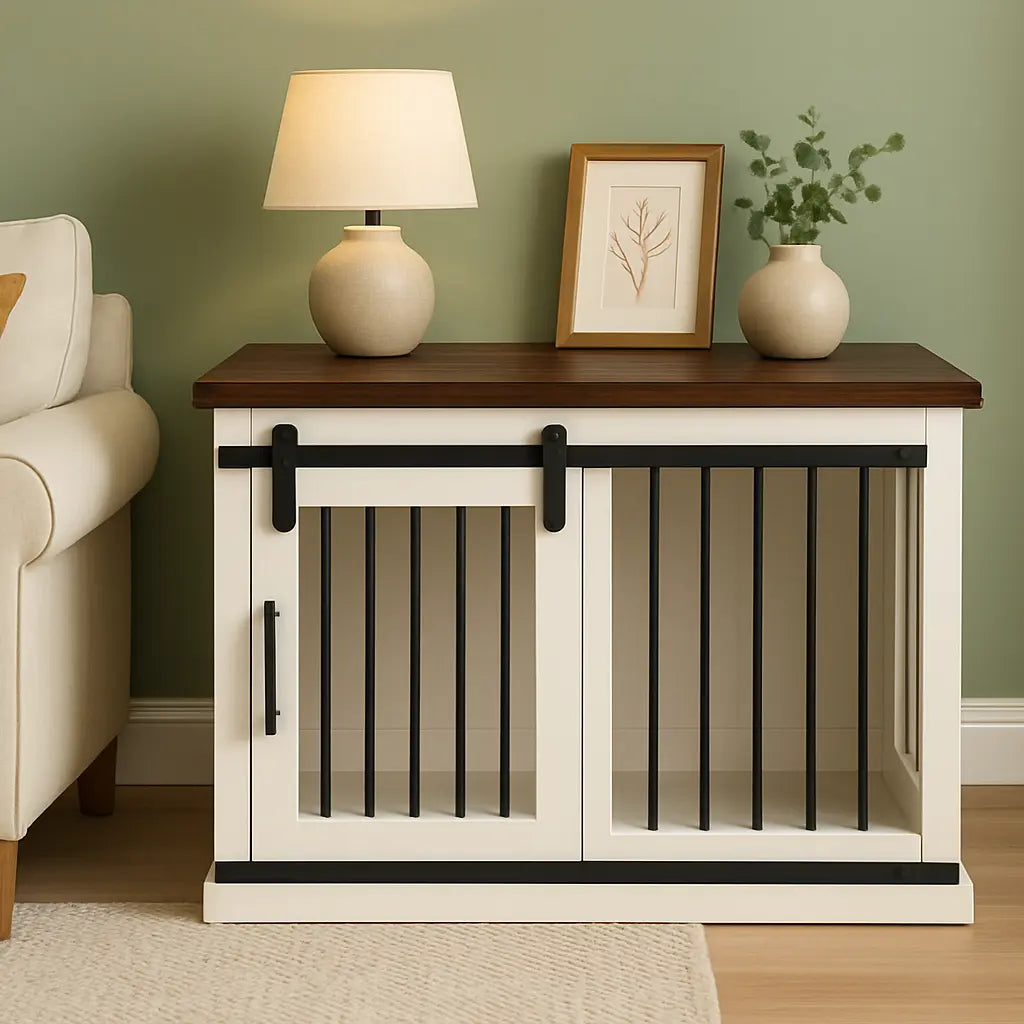 The Studio -Barn Style Arctic Single Wooden Dog Crate with Bars Paws and Willow