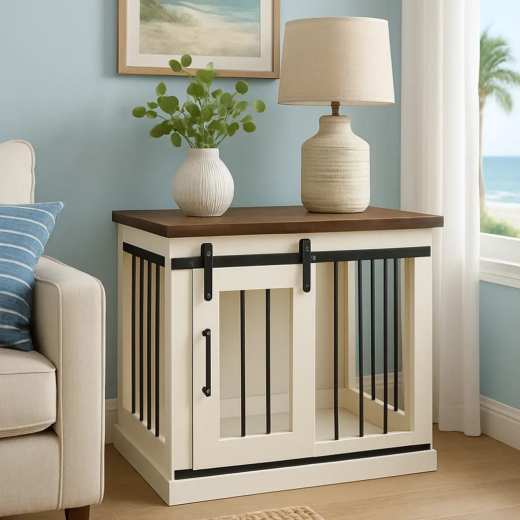 The Studio -Barn Style Arctic Single Wooden Dog Crate with Bars Paws and Willow