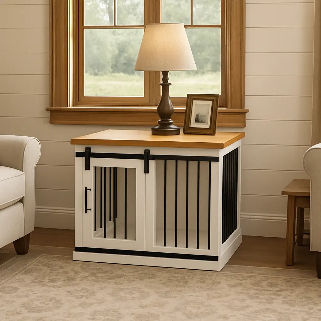 The Studio -Barn Style Arctic Single Wooden Dog Crate with Bars Paws and Willow