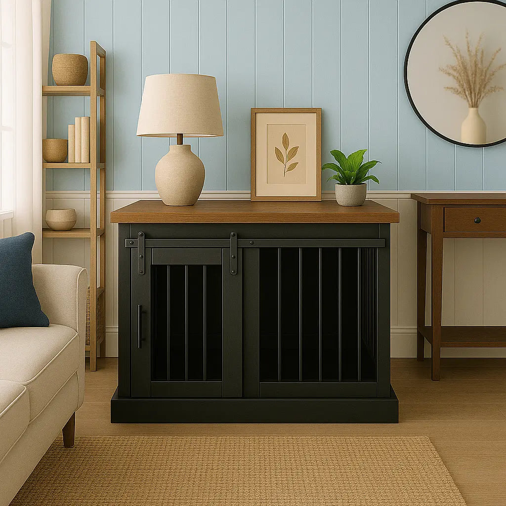 The Studio -Barn Style Night Sky Single Wooden Dog Crate with Bars Paws and Willow