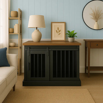 The Studio -Barn Style Night Sky Single Wooden Dog Crate with Bars Paws and Willow