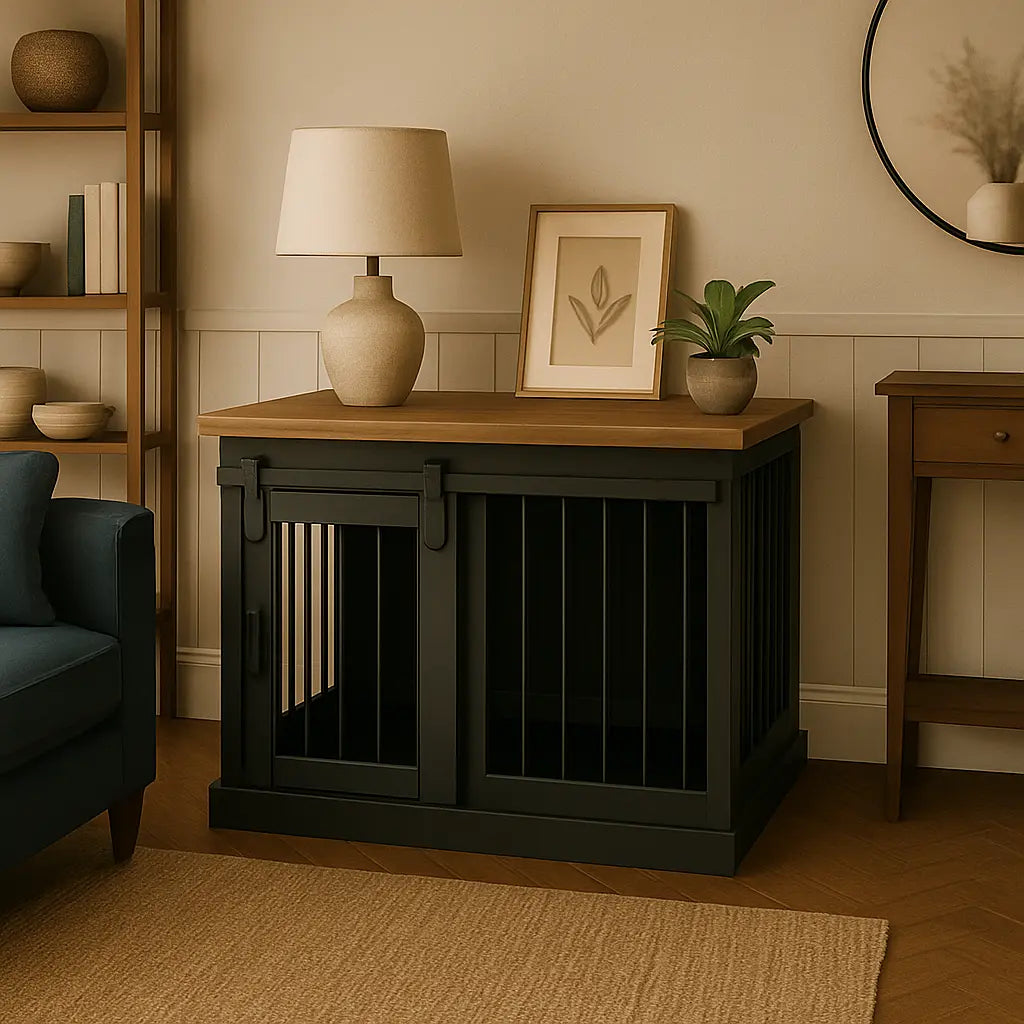 The Studio -Barn Style Night Sky Single Wooden Dog Crate with Bars Paws and Willow