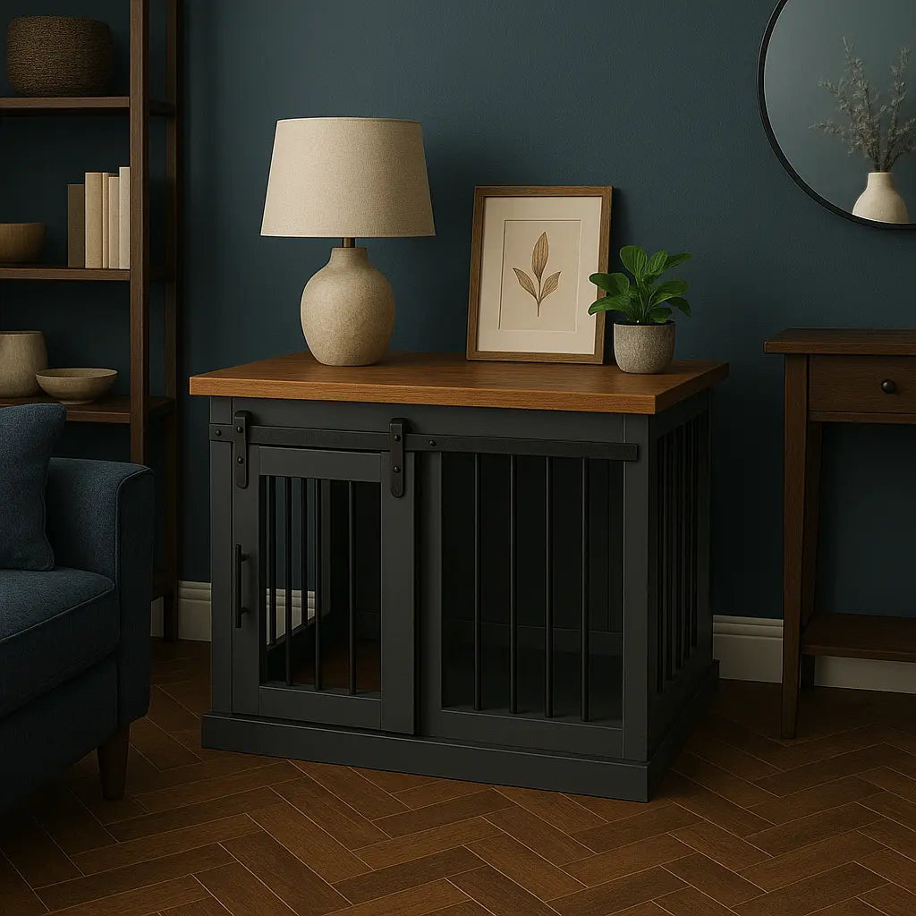 The Studio -Barn Style Night Sky Single Wooden Dog Crate with Bars Paws and Willow