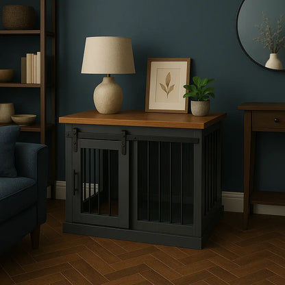 The Studio -Barn Style Night Sky Single Wooden Dog Crate with Bars Paws and Willow