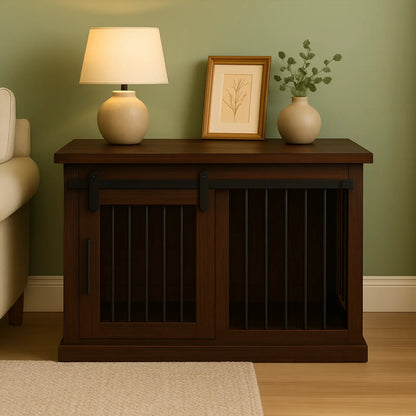 The Studio -Barn Style Espresso Single Wooden Dog Crate with Bars Paws and Willow