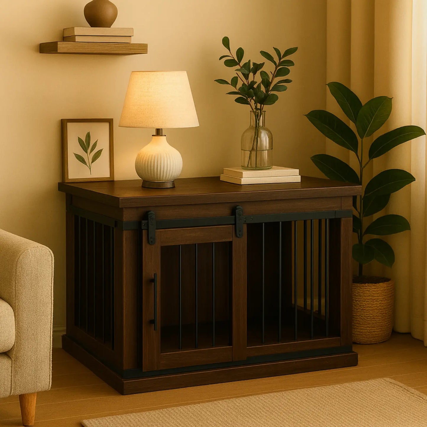 The Studio -Barn Style Espresso Single Wooden Dog Crate with Bars Paws and Willow