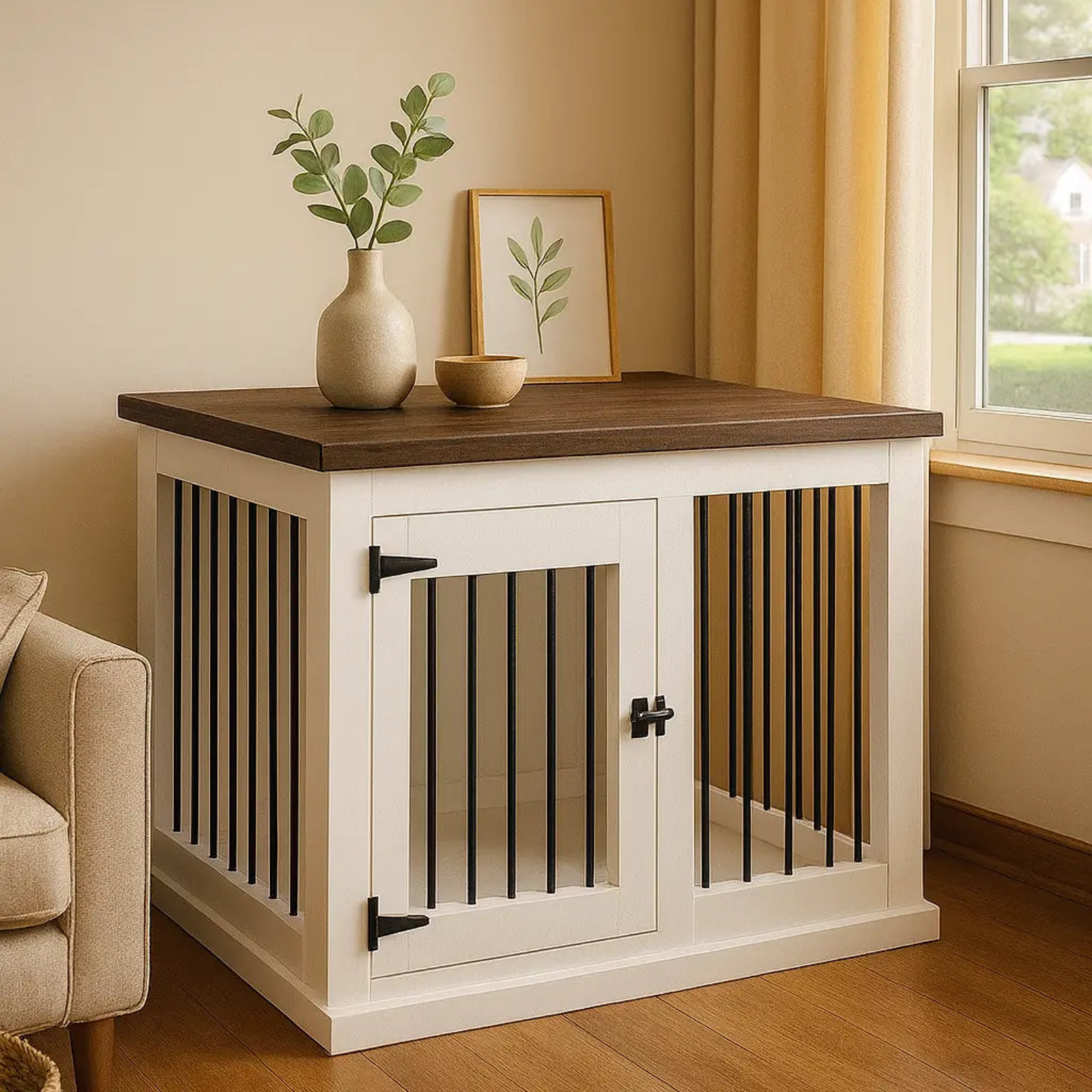 White pet crate with wooden top in a room with a couch and window.