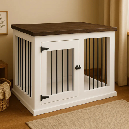 Wooden pet crate with white base and brown top in a room setting.